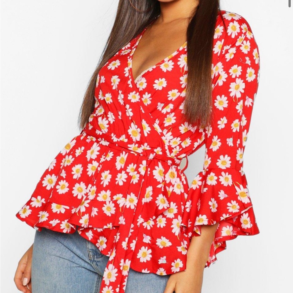 Boohoo Red Floral Peplum Top